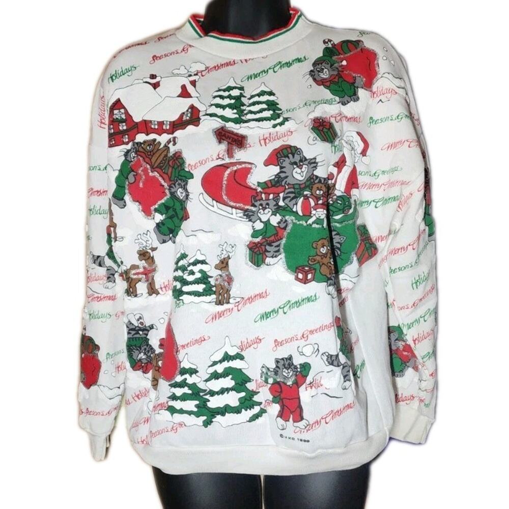 Vintage Womans 1980s Variety Xmas Sweater Sz Med Santa & Cats Red Pull over